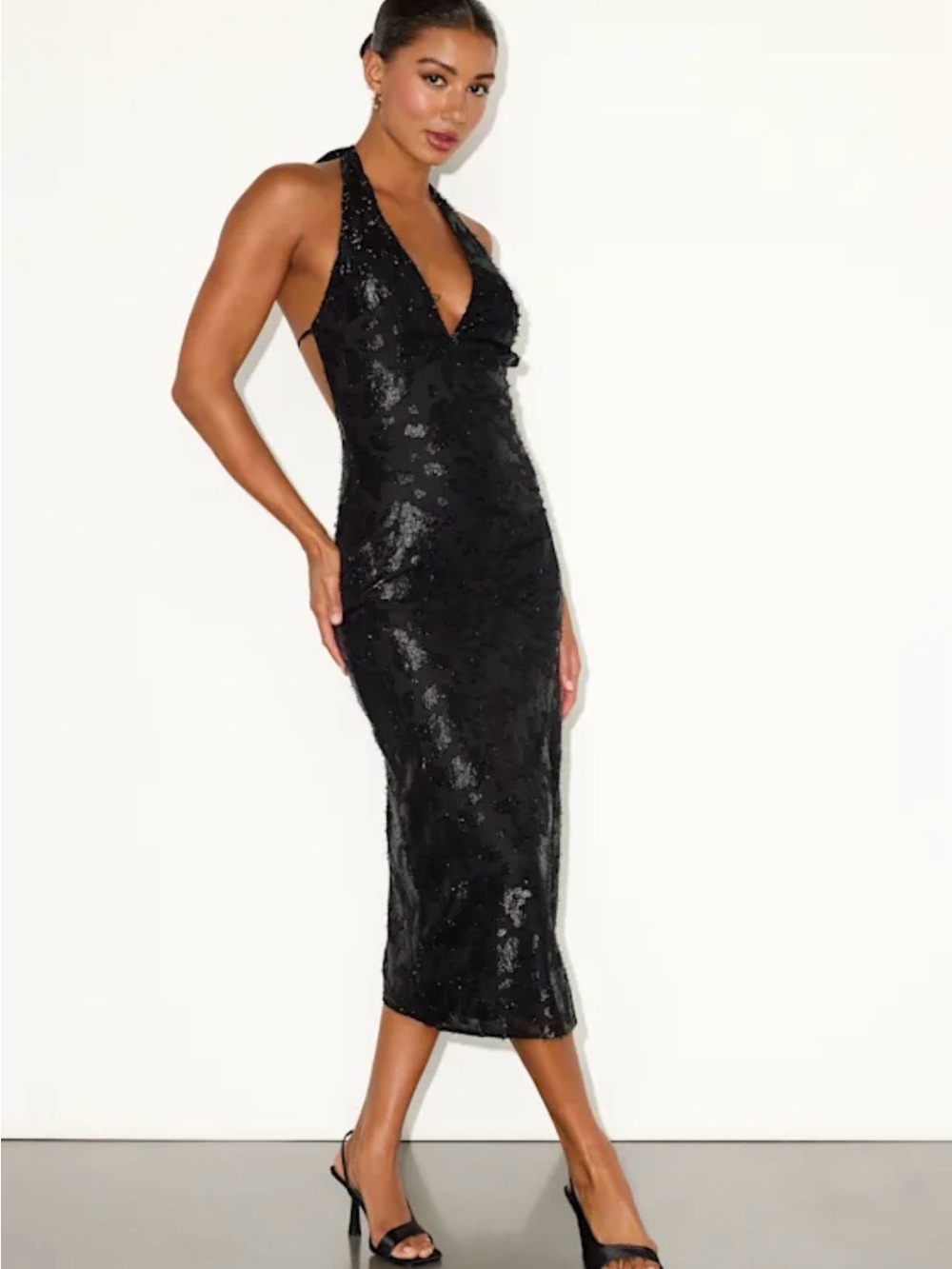 Lulu's Black Sequin Halter V-Neck Midi Dress
